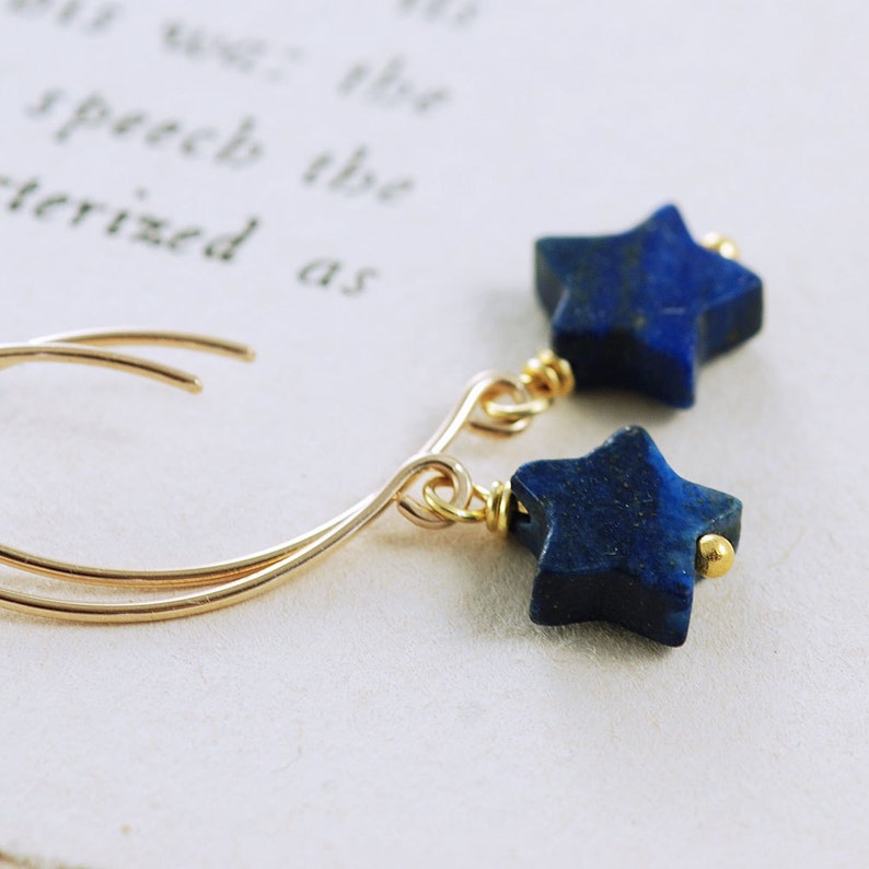 Navy Blue Star Earrings, Lapis Lazuli Gold Dangle Earrings image 3