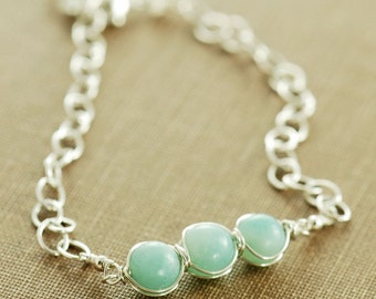 Aquamarine Blue March Birthday Bracelet, Amazonite Sterling Silver Bracelet, Beaded Birthstone Jewelry