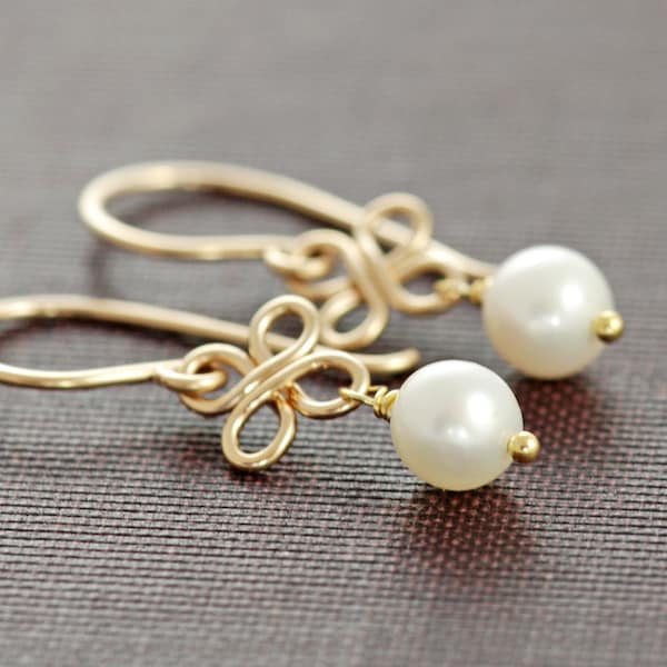 Earrings, Pearl Clover 14k Gold Fill, Bridal Jewelry, Dangle Wire Wrapped