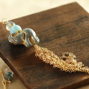 Elephant Tassel Necklace with Labradorite Larimar Sunstone and Topaz, Long Layering Gold Gemstone Necklace, Bohemian Jewelry image 1