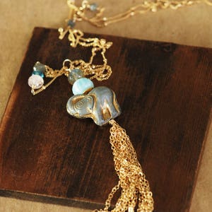 Elephant Tassel Necklace with Labradorite Larimar Sunstone and Topaz, Long Layering Gold Gemstone Necklace, Bohemian Jewelry image 2