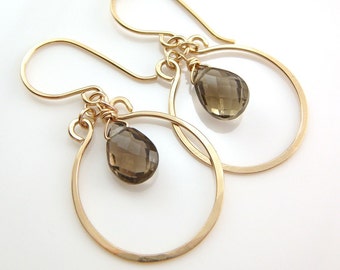 Coffee Brown Chandelier Earrings 14k Gold Fill, Gemstone Dangle Earrings, Smoky Quartz, aubepine