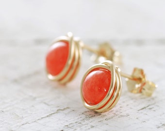 Orange Post Earrings, 14k Gold Fill Tangerine Jade Gemstone, Handmade Stud Earrings, aubepine