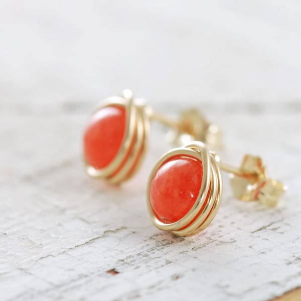 Orange Post Earrings, 14k Gold Fill Tangerine Jade Gemstone, Handmade Stud Earrings, aubepine