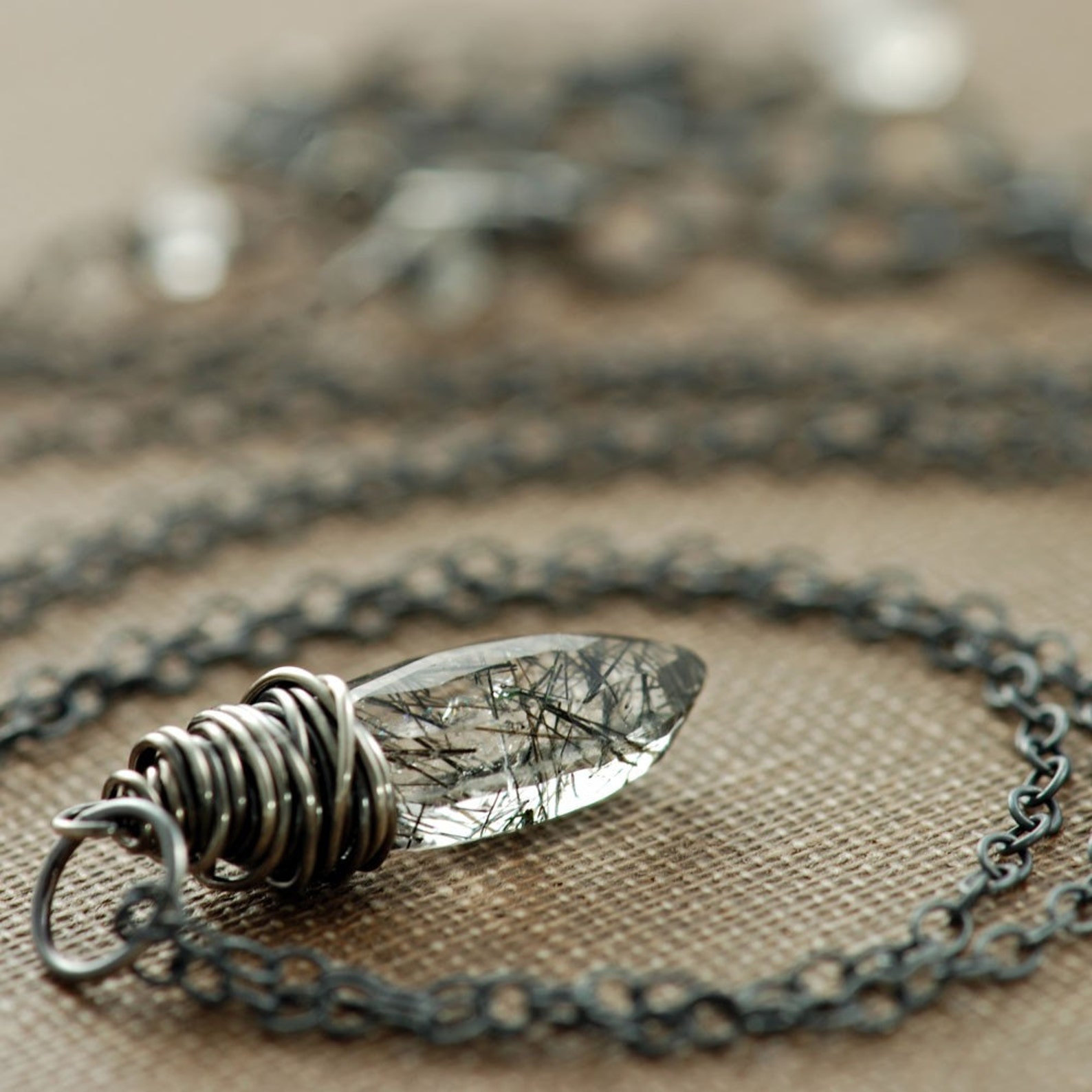 Necklace Black Rutilated Quartz Wrapped in Sterling Silver Etsy
