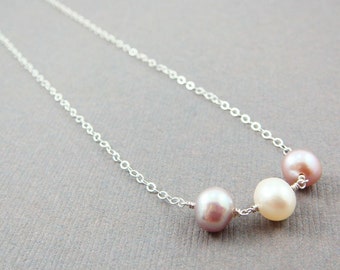 Pastel Pearl Necklace Sterling Silver, June Birthday, Wire Wrapped Pink Jewelry