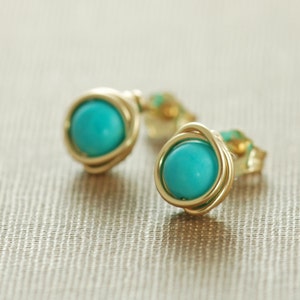 Turquoise Post Earrings Wrapped in 14k Gold Fill, December Birthstone Jewelry, Handmade, aubepine image 5