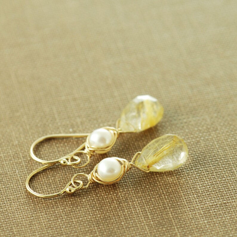 Gold Rutilated Quartz Pearl Drop Earrings, Delicate Gemstone Dangle Earrings, Gold Wedding Jewelry image 4