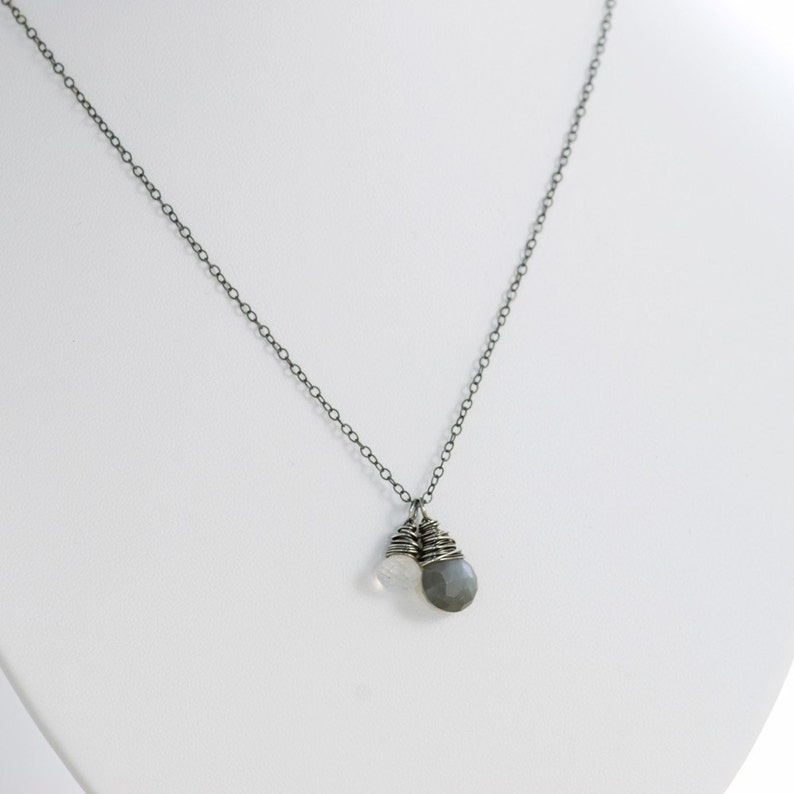 Gray Moonstone Necklace Wrapped in Sterling Silver Oxidized, Gray White Gemstone Necklace, aubepine image 5