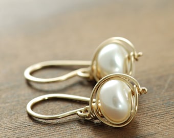 Pearl Gold Dangle Earrings, Bridal Jewelry, 14k Gold Fill Pearl Jewelry, Drop Earrings