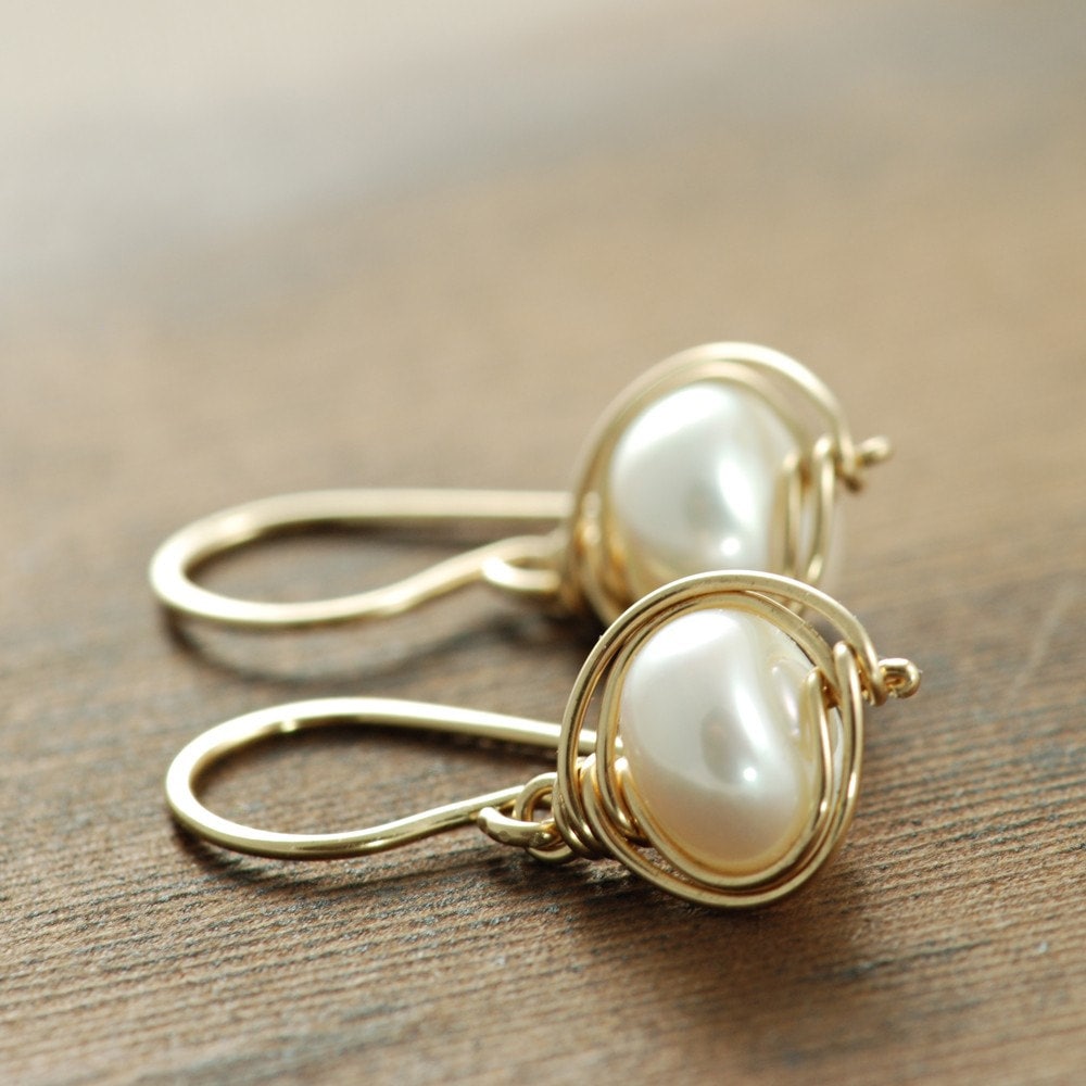 Pearl Gold Dangle Earrings Bridal Jewelry 14k Gold Fill Etsy