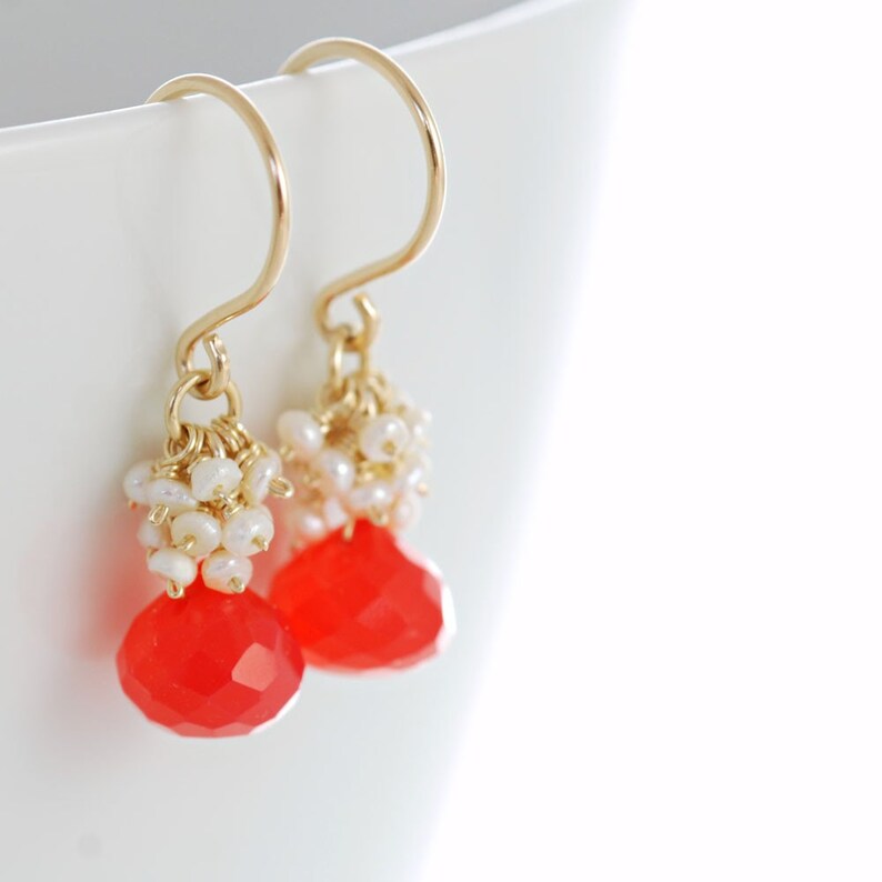 Bright Orange Gemstone Earrings with Seed Pearl Clusters, Gold Dangle Earrings image 5