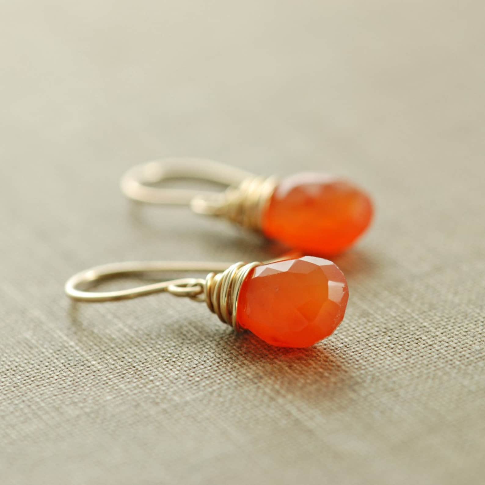 Orange Carnelian Gemstone Earrings Gold Dangle Etsy