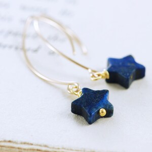 Navy Blue Star Earrings, Lapis Lazuli Gold Dangle Earrings image 2