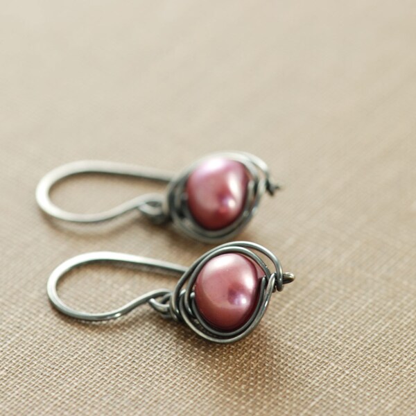 Jewel Pink Pearl Dangle Earrings Sterling Silver, Wire Wrapped Pearl Jewelry, June Birthstone Earrings, aubepine