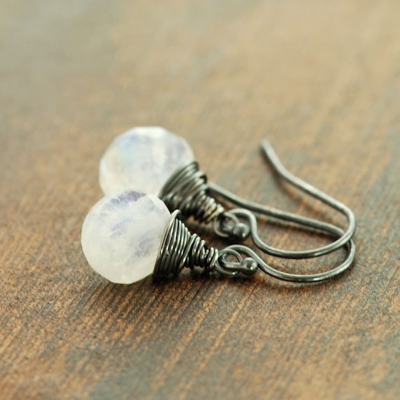 Moonstone Earrings Wrapped in Oxidized Sterling Silver, Handmade Gemstone Dangle Earrings