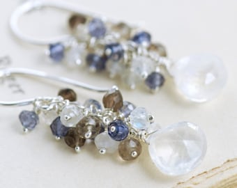 Sterling Silver Moonstone Earrings, Gemstone Cluster Earrings Smoky Quartz Iolite, Blue White, aubepine