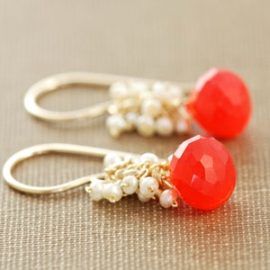 Bright Orange Gemstone Earrings with Seed Pearl Clusters, Gold Dangle Earrings image 1
