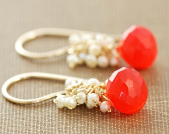 Bright Orange Gemstone Earrings with Seed Pearl Clusters, Gold Dangle Earrings