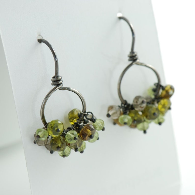 Green Gemstone Cluster Earrings, August Peridot Birthstone Jewelry, Sterling Silver Hoops, Rustic Autumn Earrings image 5