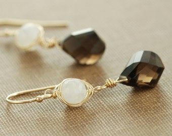 Mocha Brown Gemstone Moonstone Earrings, Gold Dangle Earrings, Handmade Boho Jewelry, aubepine
