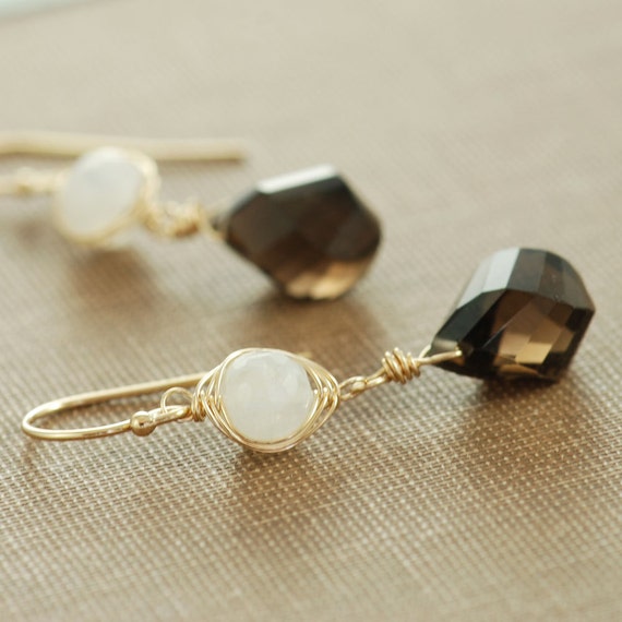 Mocha Brown Gemstone Moonstone Earrings, Gold Dangle Earrings, Handmade Boho Jewelry, aubepine