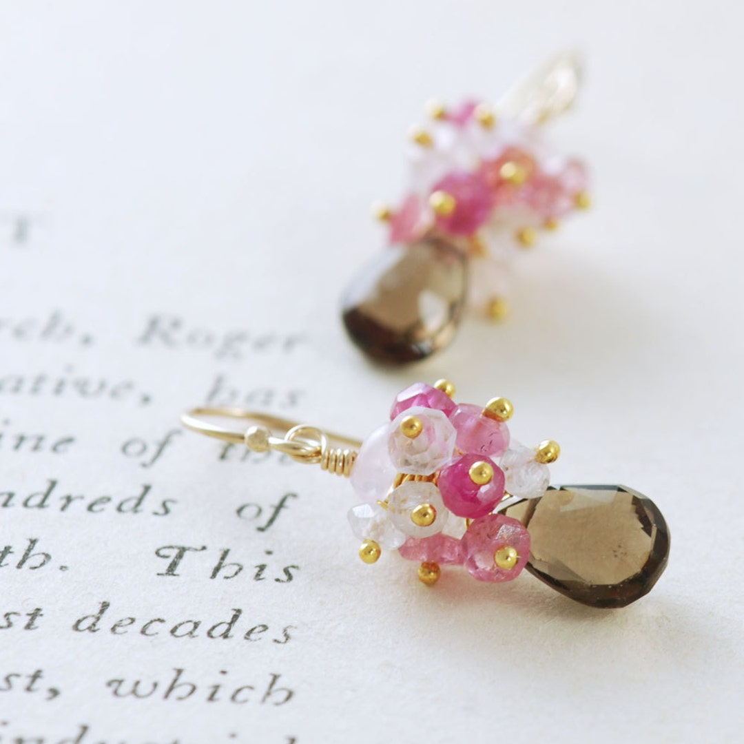 Gold Gemstone Earrings Pink Sapphire Moonstone Smoky Quartz - Etsy