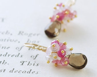 Gold Gemstone Earrings, Pink Sapphire Moonstone Smoky Quartz Dangle Earrings, aubepine
