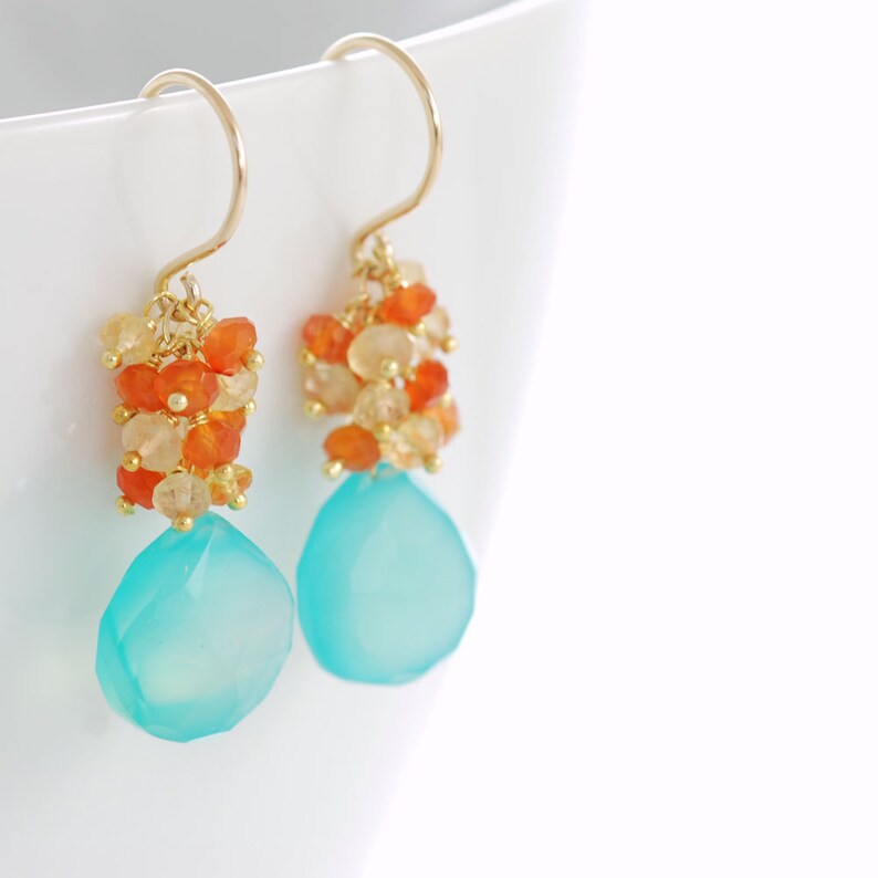 Beach Earrings 14k Gold Gemstone Dangle Earrings Aqua Orange Etsy