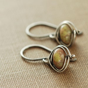 Autumn Gemstone Dangle Earrings, Sterling Silver Jasper Earrings, Wire Wrapped Handmade, aubepine image 2