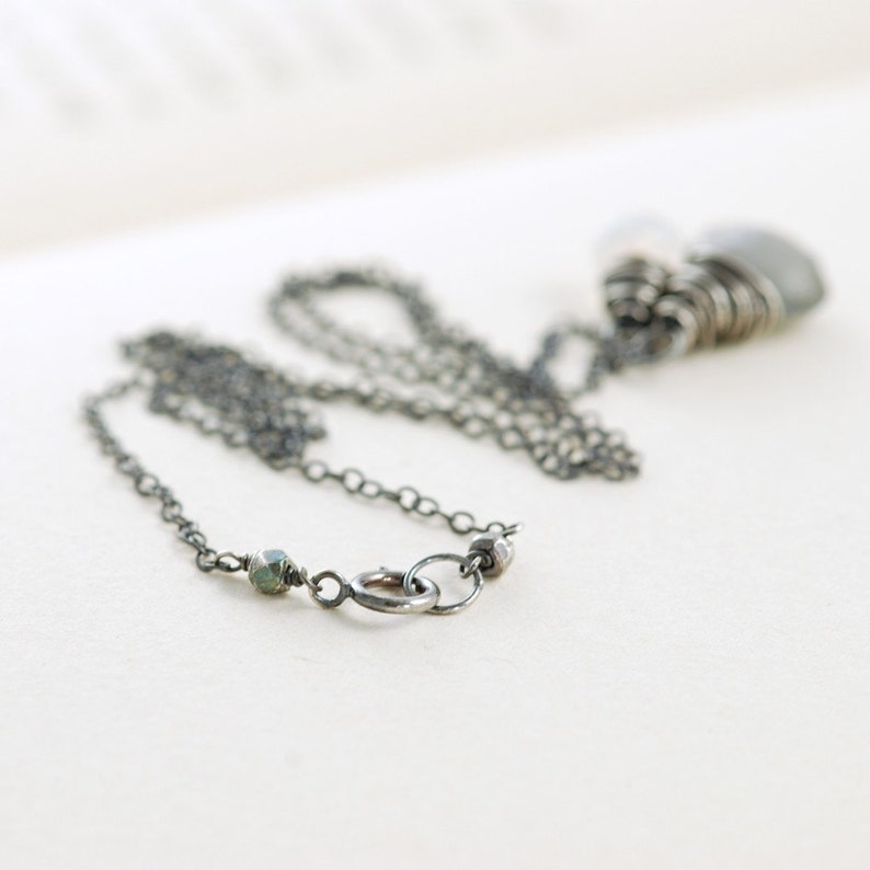 Gray Moonstone Necklace Wrapped in Sterling Silver Oxidized, Gray White Gemstone Necklace, aubepine image 4