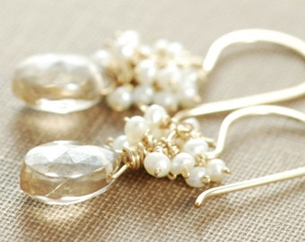 Citrine Seed Pearl Dangle Earrings 14k Gold Fill, Wire Wrapped Gemstone Earrings, aubepine