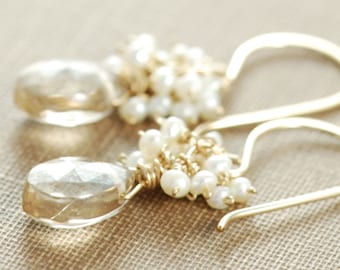 Pendientes colgantes de perla de semilla de citrino, rellenos de oro de 14 k, con gemas envueltas en alambre, aubepine