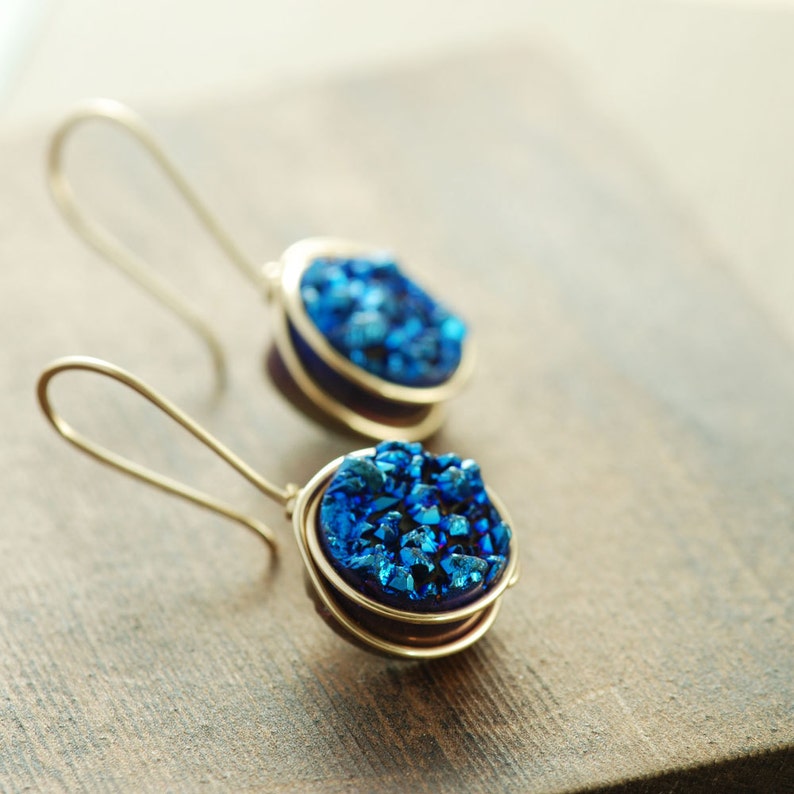 Sapphire Blue Druzy Crystal Earrings 14k Gold Fill Druzy Etsy