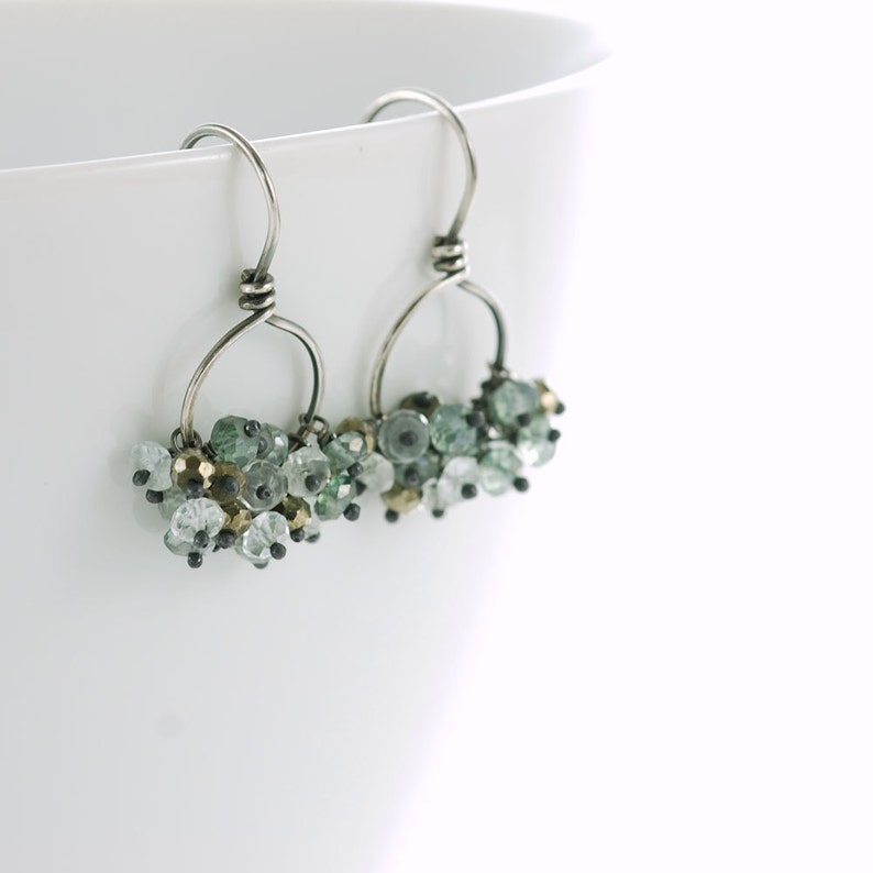 Holiday SALE Sterling Silver Cluster Earrings, Teal Gray Gemstone Hoop Earrings, March Birthstone Jewelry, Aquamarine Pyrite, aubepine image 5