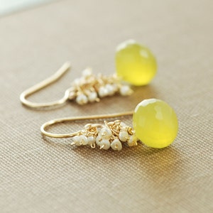 Yellow Gemstone Pearl Earrings, Gold Dangle Earrings, Lemon Meringue Pie, Seed Pearl Clusters image 1