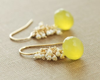 Yellow Gemstone Pearl Earrings, Gold Dangle Earrings, Lemon Meringue Pie, Seed Pearl Clusters