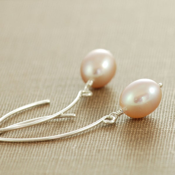 Pink Peach Pearl Earrings in Sterling Silver, Pastel Spring Jewelry, June Birthstone Earrings, aubepine