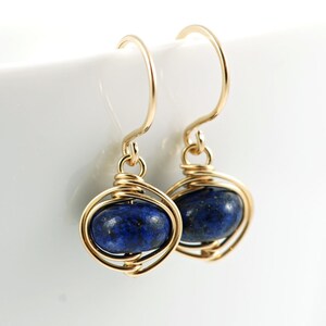 Navy Blue Lapis Lazuli Earrings, 14k Gold Fill Dangle Earrings, Wire Wrapped Gemstone Handmade, aubepine image 4