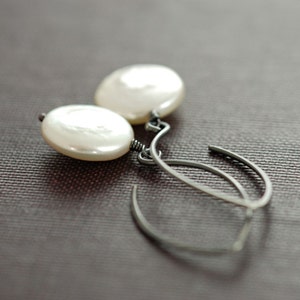 Coin Pearl Earrings Sterling Silver, Pearl Drop Earrings, Oxidized, aubepine