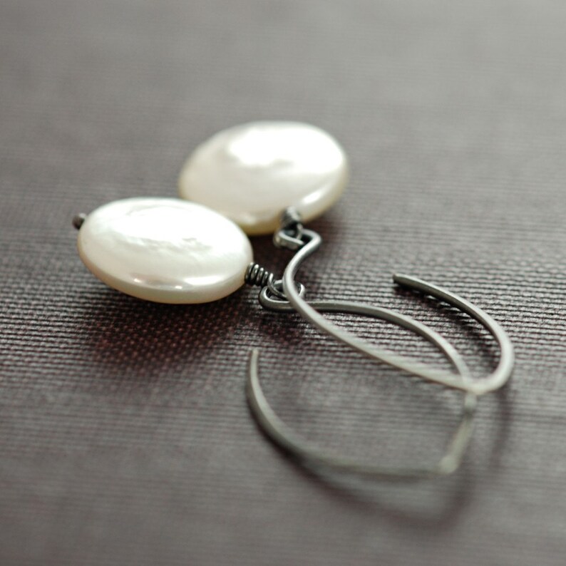 Coin Pearl Earrings Sterling Silver, Pearl Drop Earrings, Oxidized, aubepine image 1
