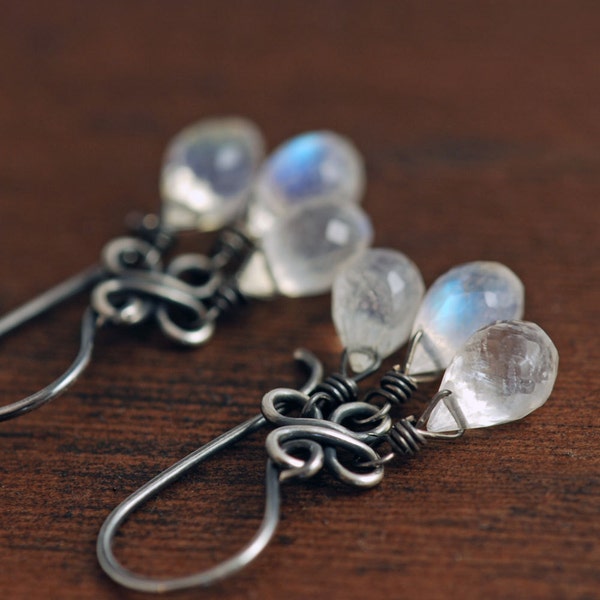 Moonstone Chandelier Earrings, Sterling Silver Gemstone Dangle Earrings, Handmade Clovers, aubepine