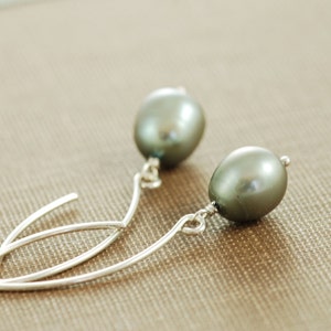 Teal Gray Pearl Earrings, Sterling Silver Pearl Jewelry, Wire Wrapped Dangle Earrings, Handmade