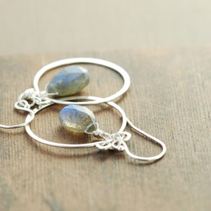 Sterling Silver Chandelier Earrings with Dangling Labradorite, Gray Gemstone Hoop Earrings image 2