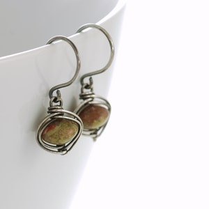 Autumn Gemstone Dangle Earrings, Sterling Silver Jasper Earrings, Wire Wrapped Handmade, aubepine image 5