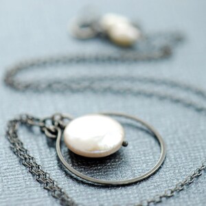 Coin Pearl Sterling Silver Necklace, Handmade Pendant Oxidized Hoop, aubepine image 4