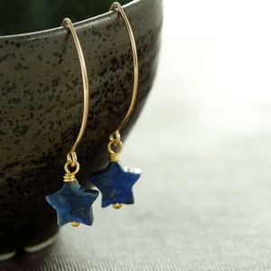 Navy Blue Star Earrings, Lapis Lazuli Gold Dangle Earrings image 5