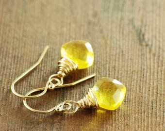 Delicate Sunshine Yellow Quartz Earrings in 14k Gold Fill, Lemon Drop Cushion Cut Gemstone Earrings