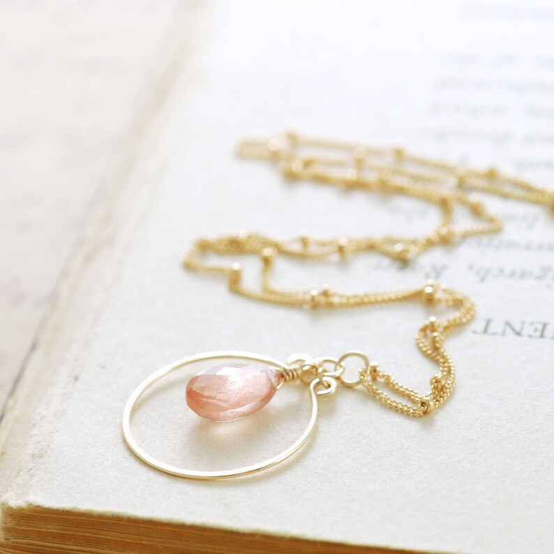Oregon Sunstone Necklace in 14k Gold Fill, Delicate Peach Gemstone Pendant, Spring Fashion image 2