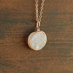 White Druzy Rose Gold Necklace, Druzy Jewelry, 14k Rose Gold Statement Necklace, Layering Necklace image 3